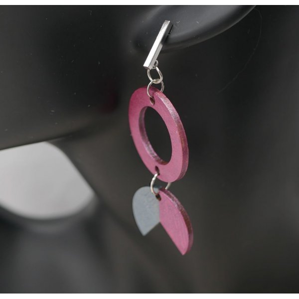 Boucles d'oreilles pendantes g&eacute;om&eacute;triques en bois Fuchsia et Gris