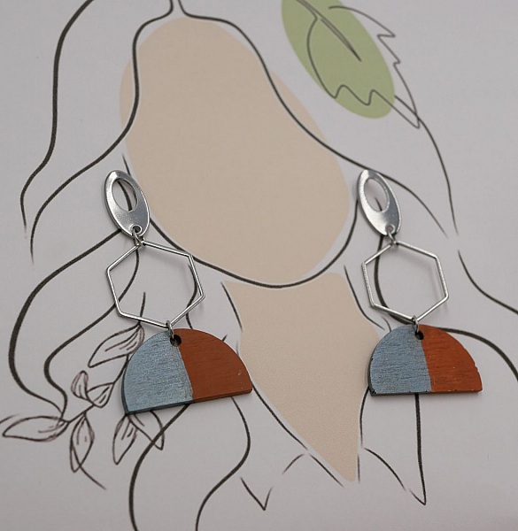 Boucles d'oreilles pendantes g&eacute;om&eacute;triques gris et marron