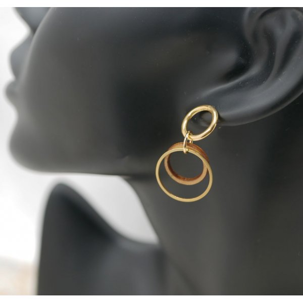 Boucles d'oreilles ronds en bois et ronds dorés