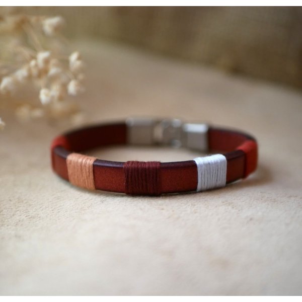 Bracelet tiss&eacute; en cuir  marron roux  au tissage en coton