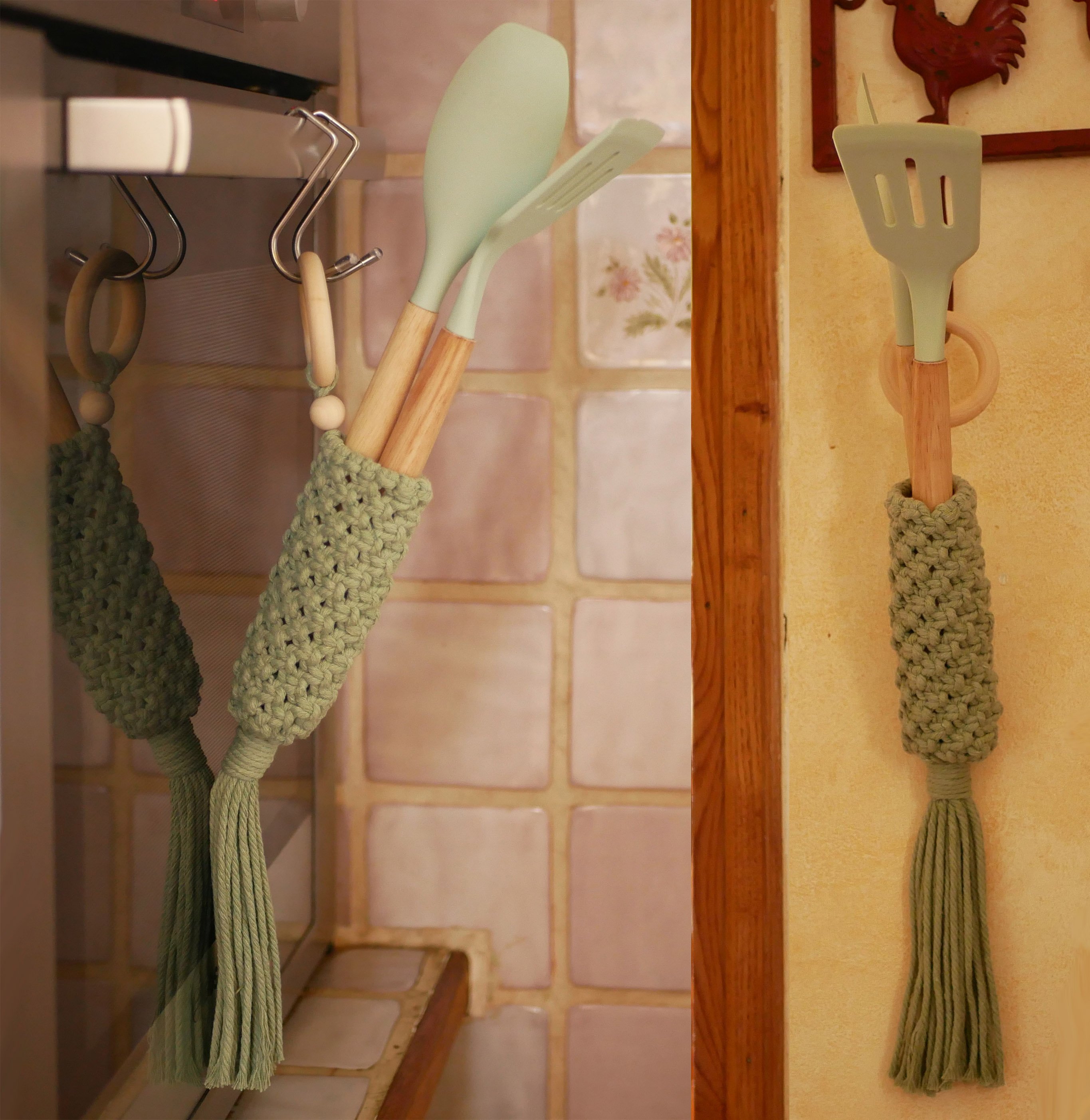 Suspension en macram&eacute; pour fleurs s&eacute;ch&eacute;es avec corde coton couleur vert