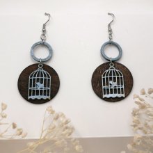Boucles d'oreilles graphiques en bois noyer pendentif Cage à oiseau