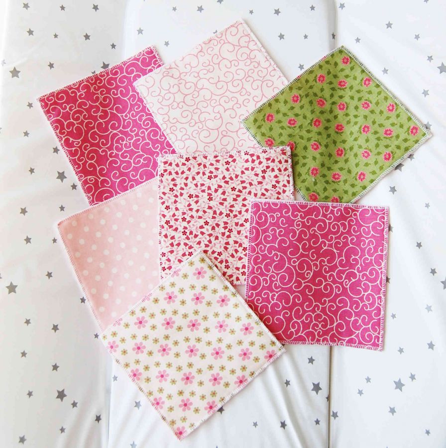 7 carrés de lingettes en coton dos polaire rose