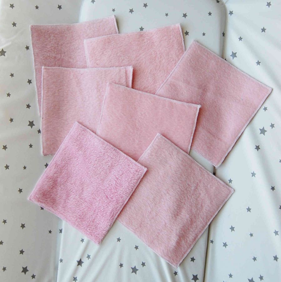 7 carrés de lingettes en coton dos polaire rose