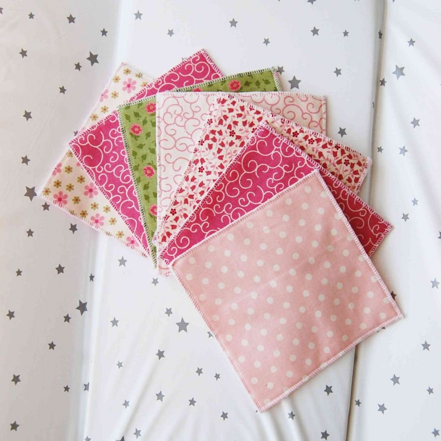 7 carrés de lingettes en coton dos polaire rose
