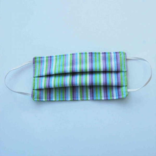 masque enfant en coton réversible rayures et pois vert blanc violet