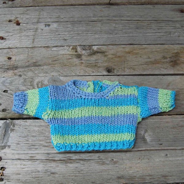 Pull poupée coton rayures vert anis, bleu et turquoise