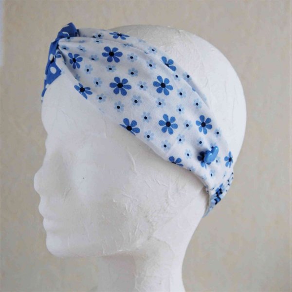 Serre-tête enfant 7/10 ans ton bleu rayures, pois et fleurs