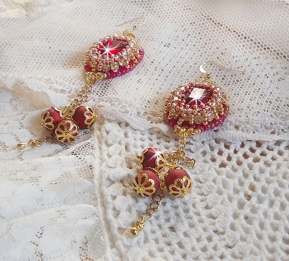 Boucles d'oreilles brodées avec cabochons et perles en cristal Swarovski, crochets d'oreilles en or Gold Filled 14 carats