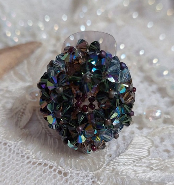 Bague Long Brown Picasso Ethnique mont&eacute;e avec des toupies en cristal, facettes de boh&egrave;me en verre et rocailles