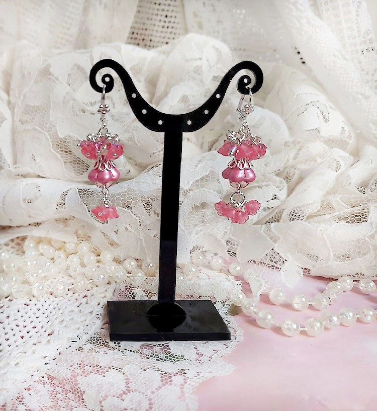 BO C&oelig;ur de Quartz cr&eacute;&eacute;es avec fleurs et perles, dormeuses laitons, perles Cristal Swarovski