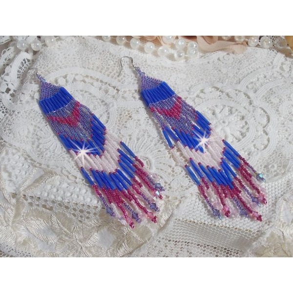 BO Constellation aux rocailles et tubes en Verre, toupies en cristal et crochets en Argent 925/1000 