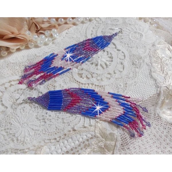 BO Constellation aux rocailles et tubes en Verre, toupies en cristal et crochets en Argent 925/1000 