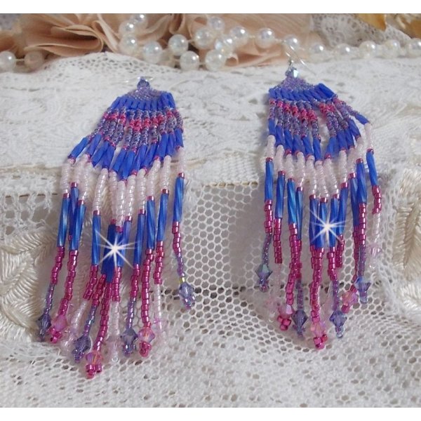 BO Constellation aux rocailles et tubes en Verre, toupies en cristal et crochets en Argent 925/1000 