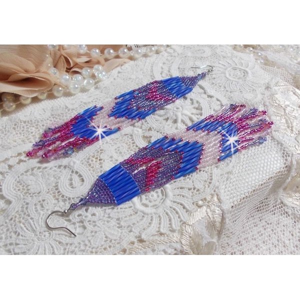 BO Constellation aux rocailles et tubes en Verre, toupies en cristal et crochets en Argent 925/1000 