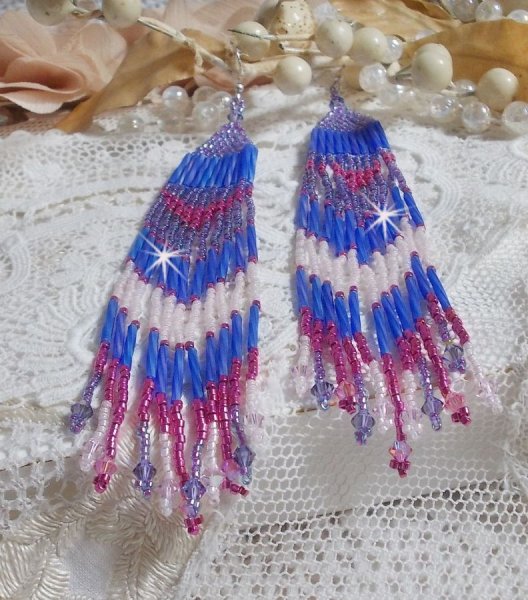 BO Constellation aux rocailles et tubes en Verre, toupies en cristal et crochets en Argent 925/1000 