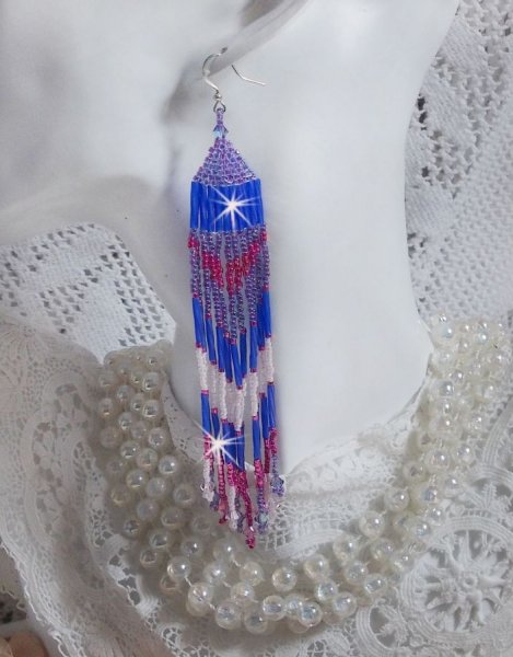 BO Constellation aux rocailles et tubes en Verre, toupies en cristal et crochets en Argent 925/1000 