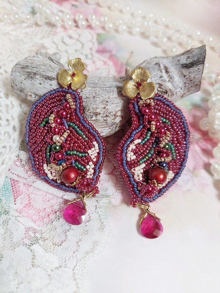 BO Enchantement d'Automne brodées avec rocailles, perles rondes nacrées et cristaux Swarovski