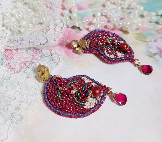 BO Enchantement d'Automne brodées avec rocailles, perles rondes nacrées et cristaux Swarovski