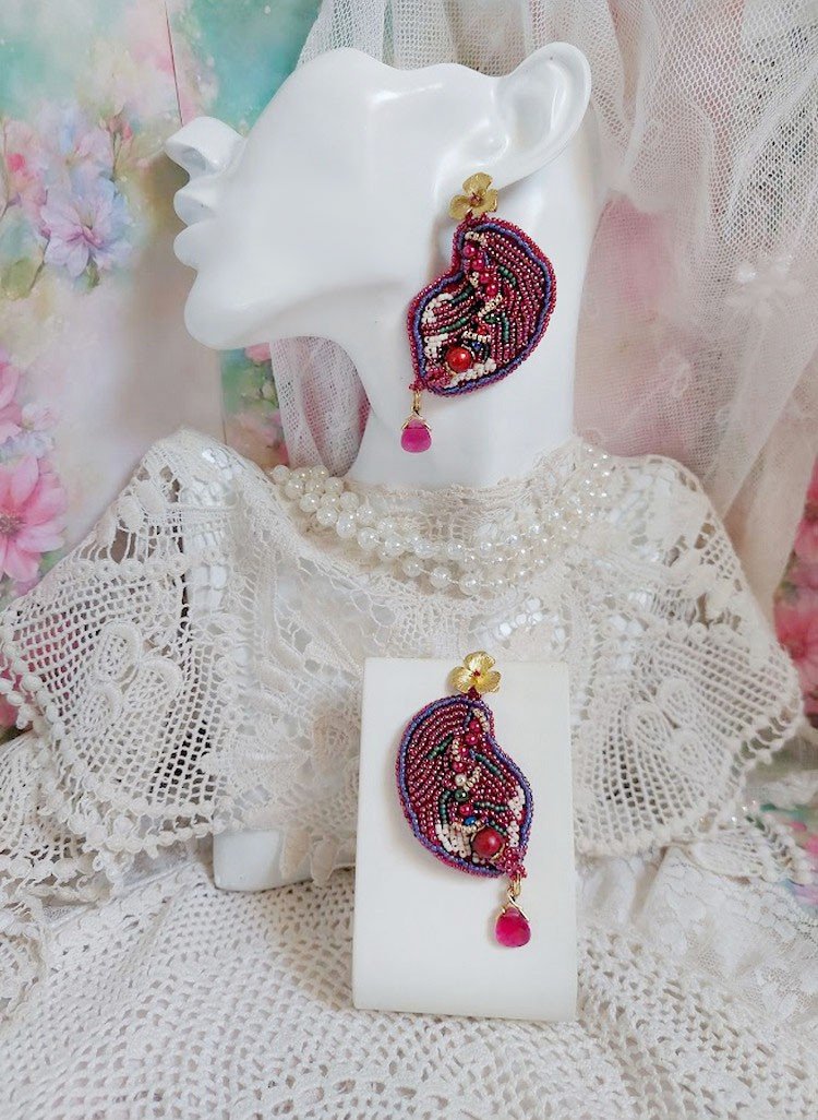BO Enchantement d'Automne brodées avec rocailles, perles rondes nacrées et cristaux Swarovski