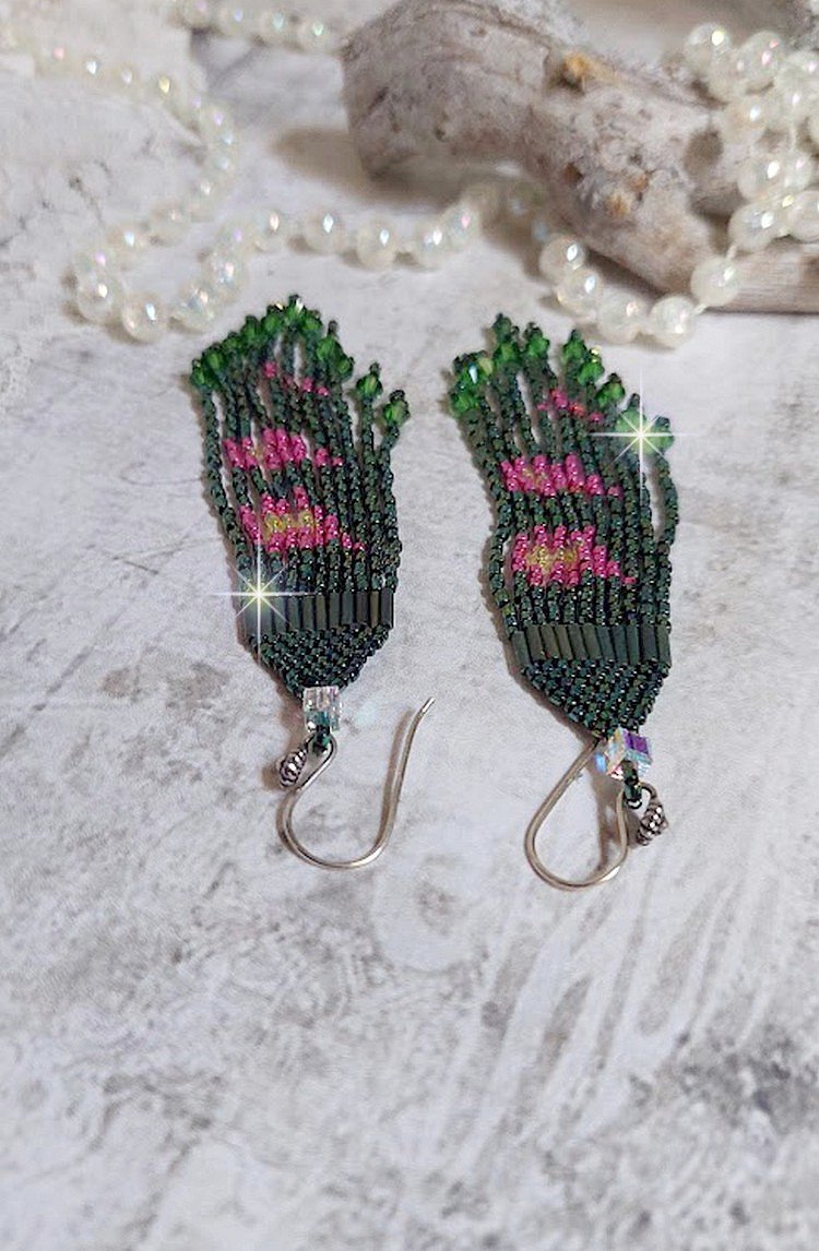 BO Evasion montées avec rocailles verres, tubes, perles cristal Swarovski et crochets d’oreilles Argent 925