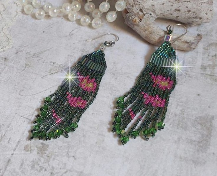 BO Evasion montées avec rocailles verres, tubes, perles cristal Swarovski et crochets d’oreilles Argent 925