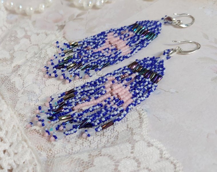 BO Les Flamants Roses et Bleus avec rocailles verre, toupies cristal Swarovski, crochets et attaches argent 925