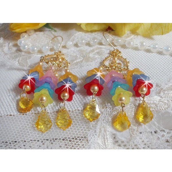 BO Garden Flowers mont&eacute;es avec des gouttes, perles rondes nacr&eacute;es en Cristal, fleurs lucites, perles en Verre sur crochets diamant&eacute;es en Gold Filled 14 carats