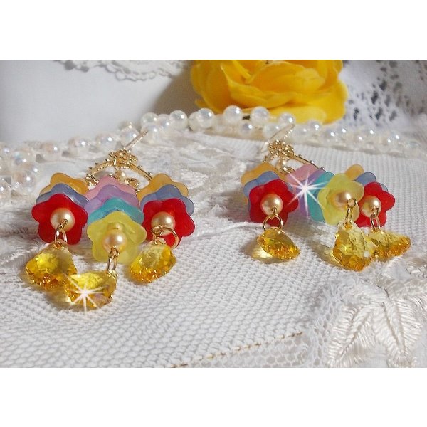 BO Garden Flowers mont&eacute;es avec des gouttes, perles rondes nacr&eacute;es en Cristal, fleurs lucites, perles en Verre sur crochets diamant&eacute;es en Gold Filled 14 carats