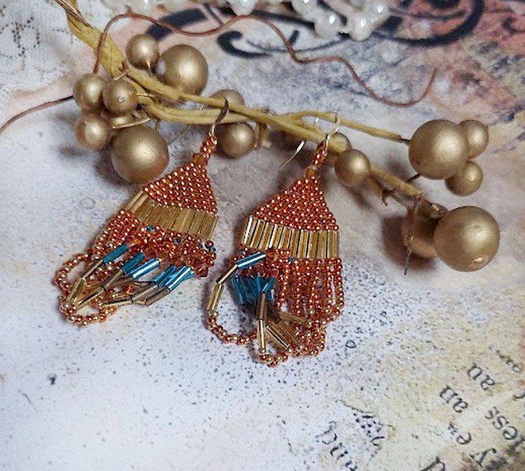 BO Tangerine montées avec rocailles verre, perles cristal Swarovski et crochets d’oreilles Gold filled 14 carats