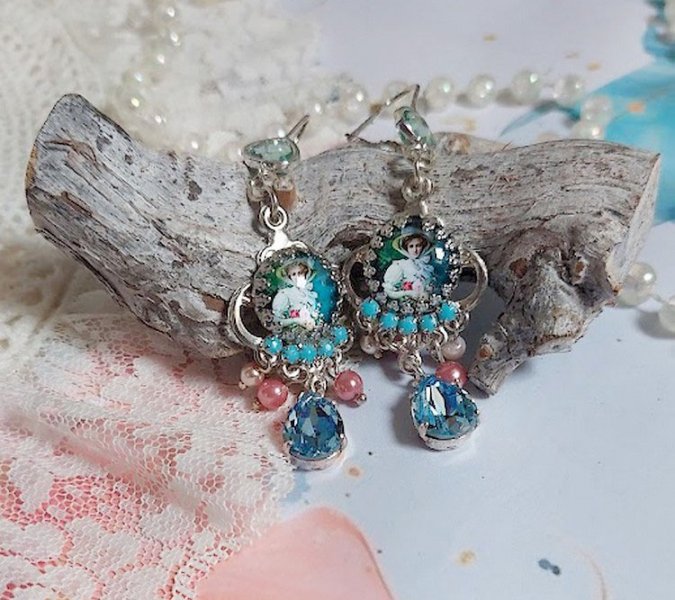 BO Caprice élégant avec cabochons verres, perles en verre, strass et perles cristal Swarovski