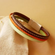 Bracelet manchette multi-cuirs Amande, tressé Orange et surpiqué Bordeaux