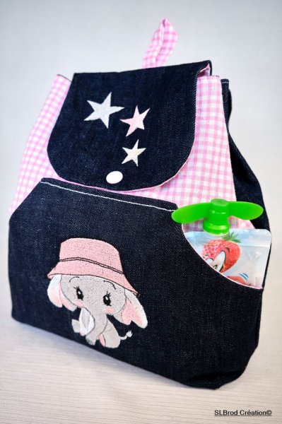 Sac à dos enfant brodé éléphant au chapeau rose personnalisable