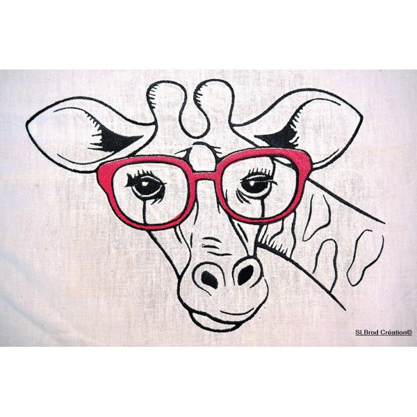 Tote Bag brodé girafe lunettes rouges personnalisable